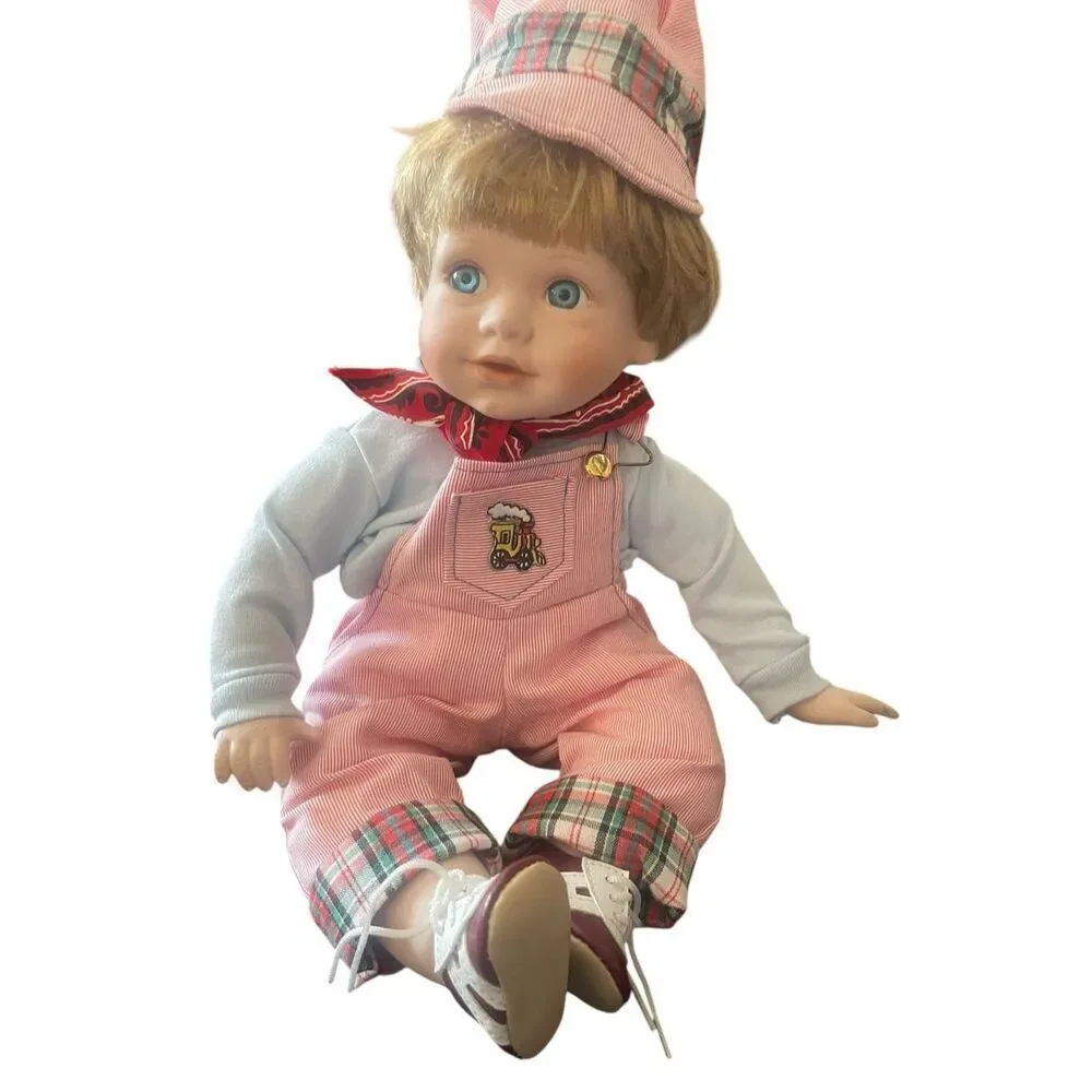 Unbranded Kids Pink White Overalls Hat Porcelain Doll